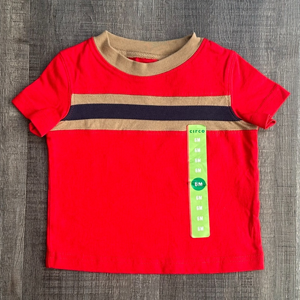 💞 New Infant & Baby Boys Size 6 Months Red, Blue, & Tan Striped Tee Shirt